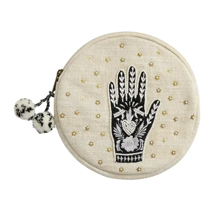 Round Ivory and Black Embroidered Hand Zip Pouch