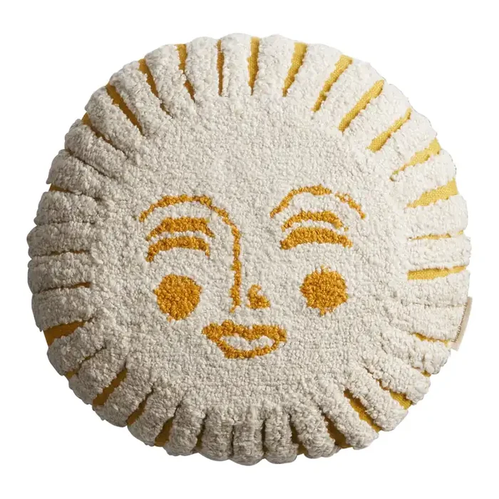 Round Ivory Tufted Sun Face Indoor Outdoor Throw Pillow