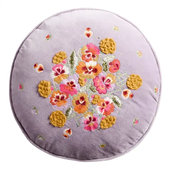 Round Lavender Velvet Flowers Embroidered Throw Pillow