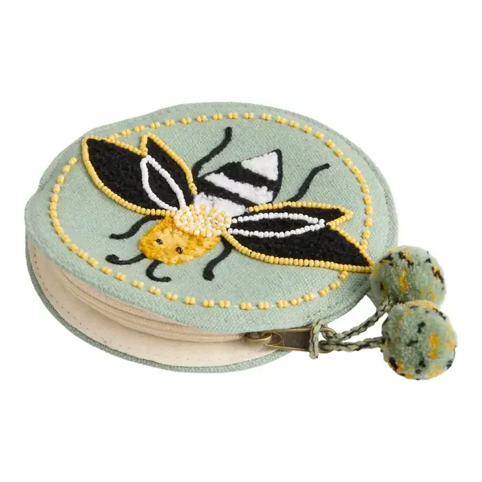 Round Light Blue and Yellow Bee Embroidered Beaded Zip Pouch