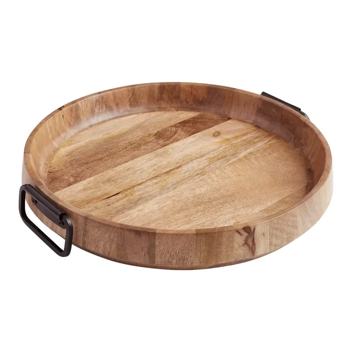 Round Light Mango Wood And Black Metal Modern Serving Tray