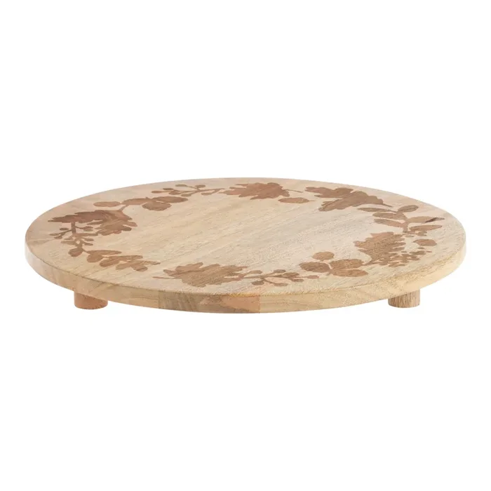 Round Mango Wood Botanical Etched Serving Board