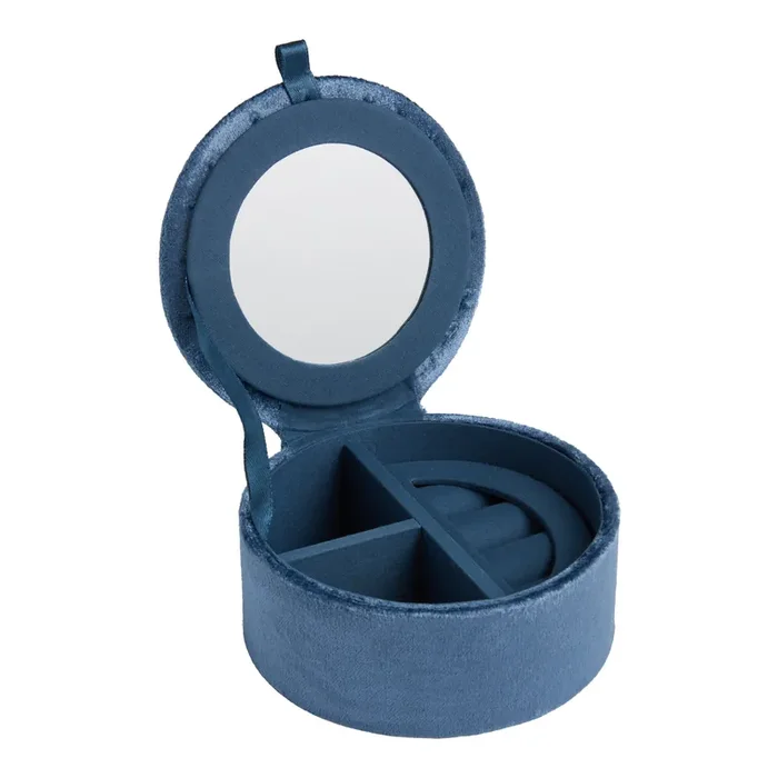 Round Navy Blue Velvet Evil Eye Beaded Jewelry Box