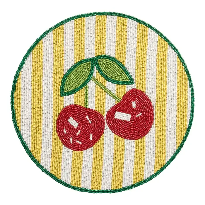 Round Red Cherry and Yellow Stripe Beaded Placemat