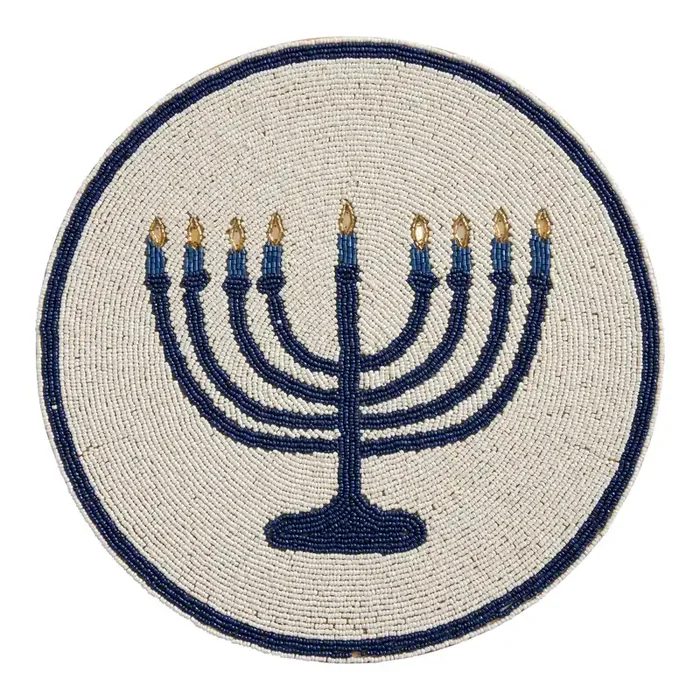 Round White and Blue Beaded Hanukkah Placemat Set of 4