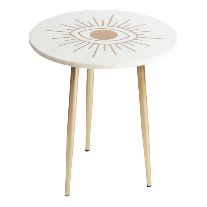 Round White Marble and Gold Metal Evil Eye Side Table