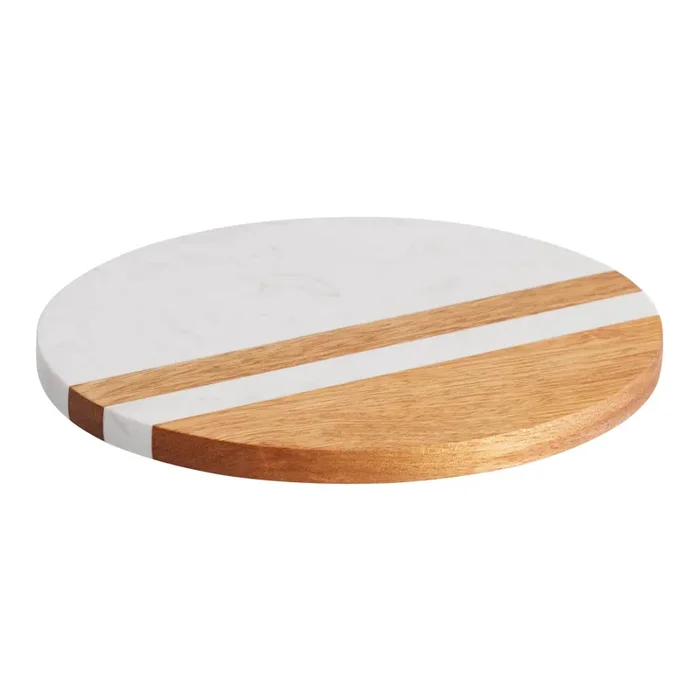 Round White Marble and Wood Trivet