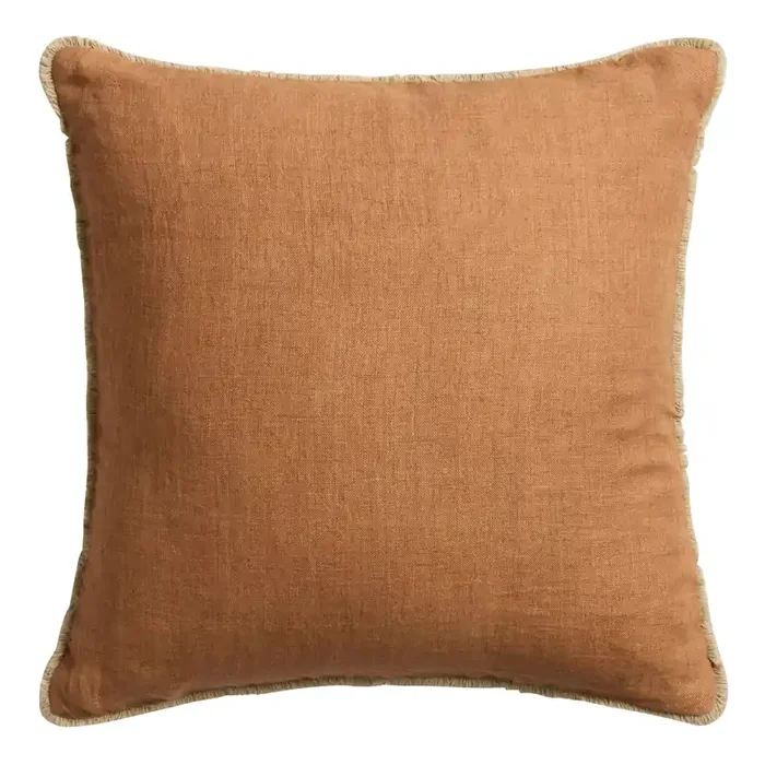 Rust and Tan Linen Fringe Throw Pillow