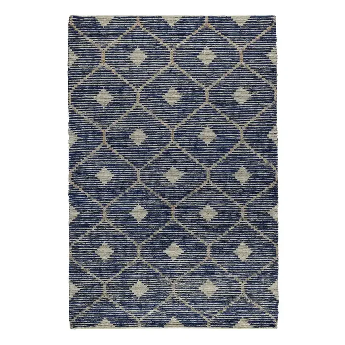 Rustica Indigo Blue and Tan Lattice Jute and Wool Area Rug