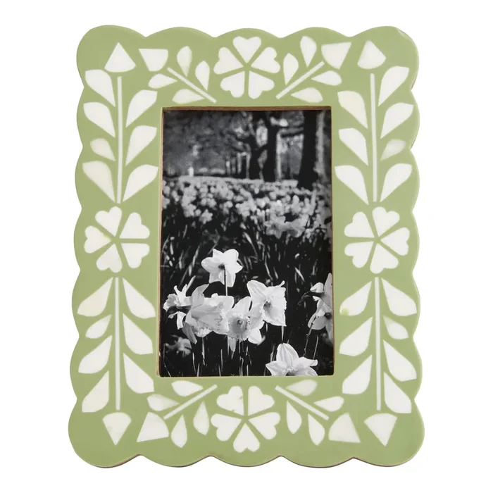 Sage Green and White Scalloped Floral Inlay Bone Frame