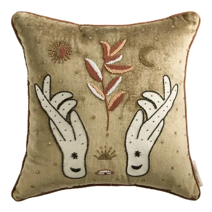 Sage Velvet Beaded Hands Throw Pillow