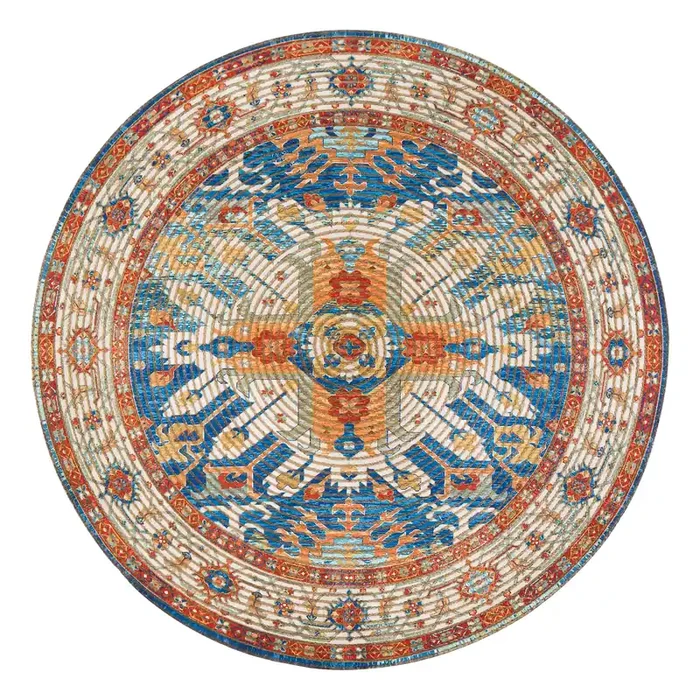 Sahand Round Blue and Orange Distressed Jute Blend Area Rug