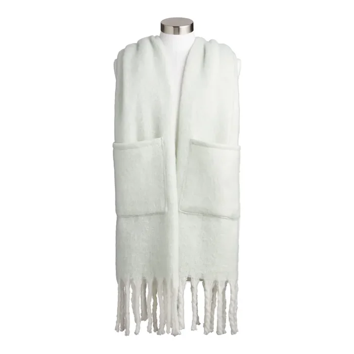 Seafoam Green And White Blanket Scarf With Pockets