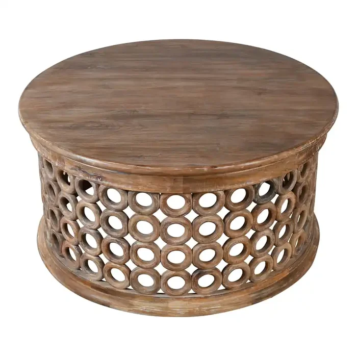 Seething Round Brown Carved Wood Circle Coffee Table