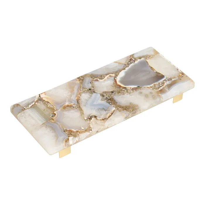 Semiprecious Agate and Gold Metal Footed Serving Tray