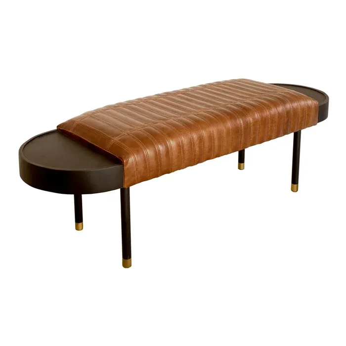 Shilpa Brown Leather and Black Wood Tufted Bench with Tables