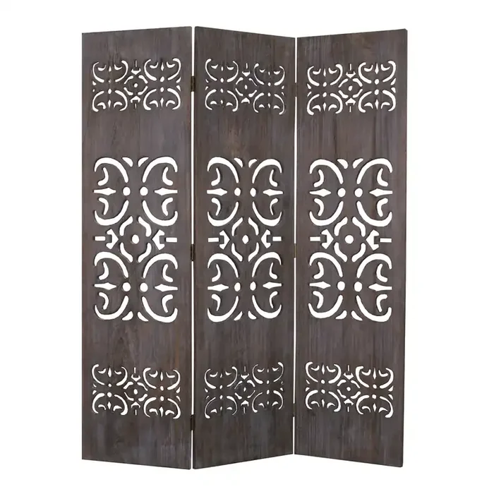 Shinto Washed Gray Carved Wood 3 Panel Folding Screen