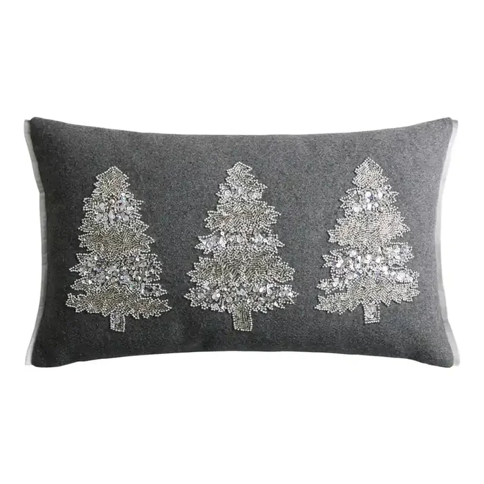 Silver and White Trees Beaded Lumbar Pillow