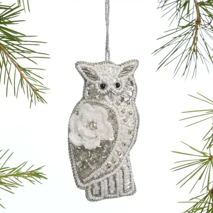 Silver Beaded Owl Ornament