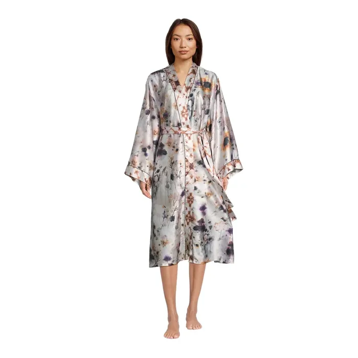 Silver Multicolor Satin Watercolor Pressed Floral Robe