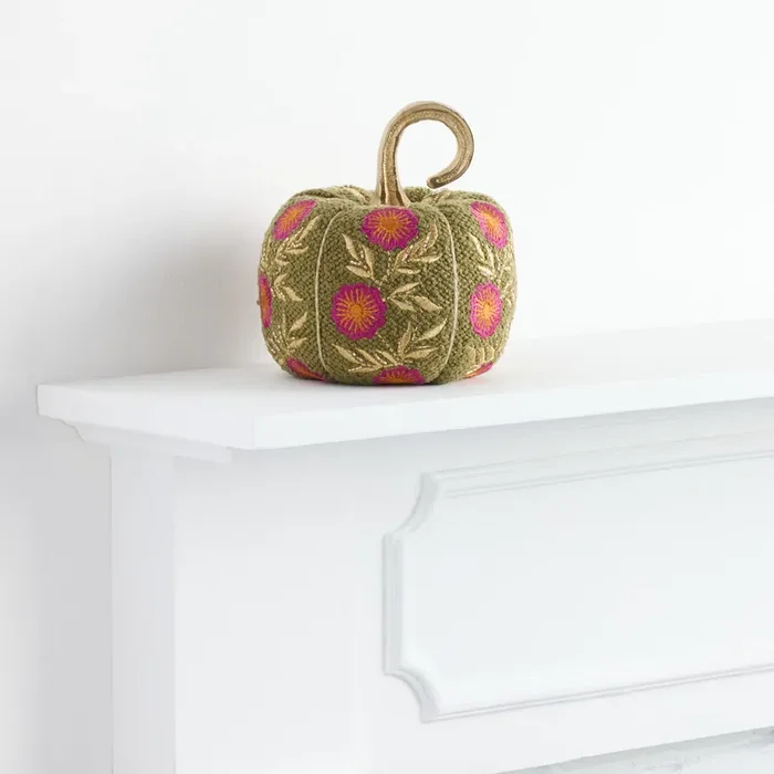 Small Avocado Green Boucle Floral Pumpkin Decor