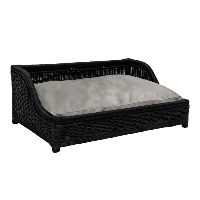 Small Black Woven Rattan Pet Bed with Cushion