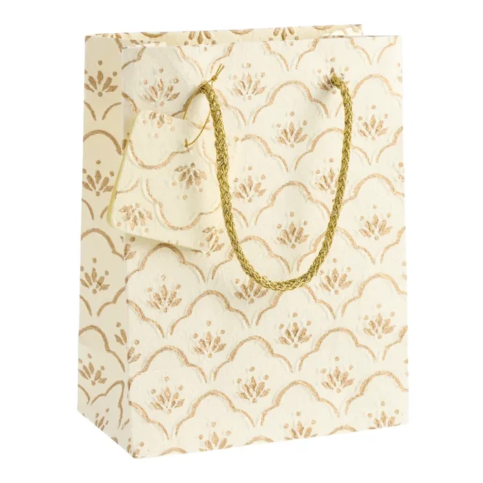 Small Cream and Gold Embossed Filigree Holiday Gift Bag