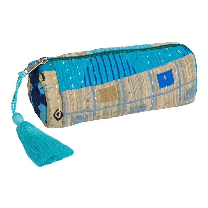 Small Round Blue Patchwork Kantha Upcycled Pouch