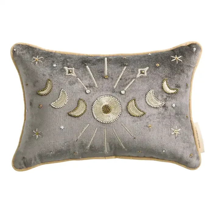 Small Silver Velvet Beaded Moon Phase Lumbar Pillow