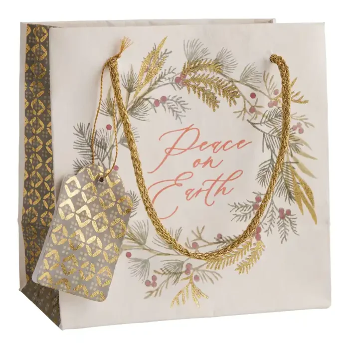 Small Square Peace On Earth Wreath Holiday Gift Bag