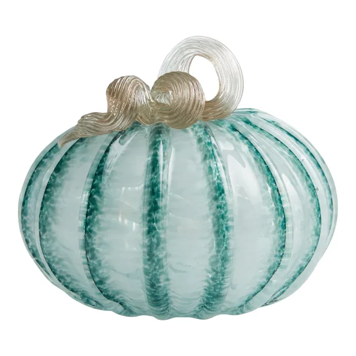 Small Teal Green And White Blown Glass Pumpkin Décor