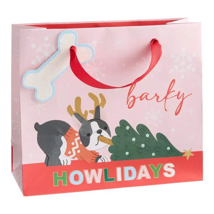 Small Wide Pink Barky Howlidays Holiday Gift Bag