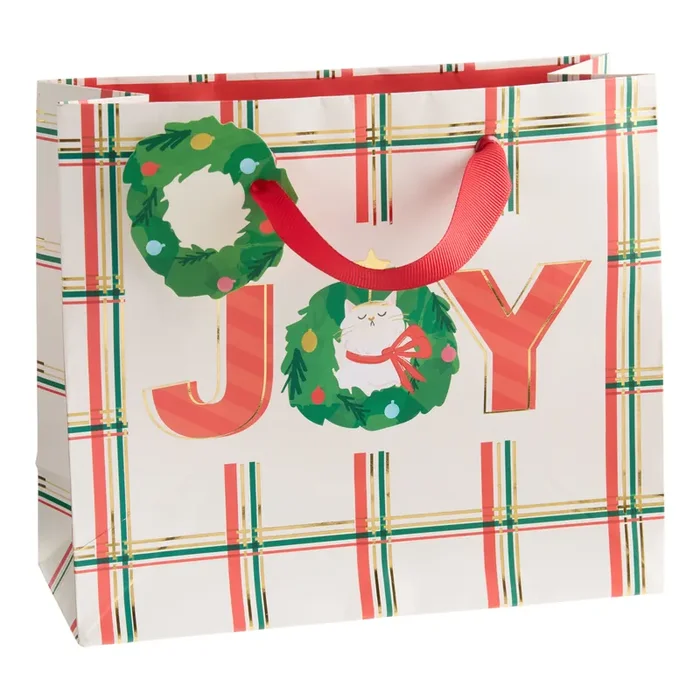 Small Wide Plaid Meowy Joy Holiday Gift Bag