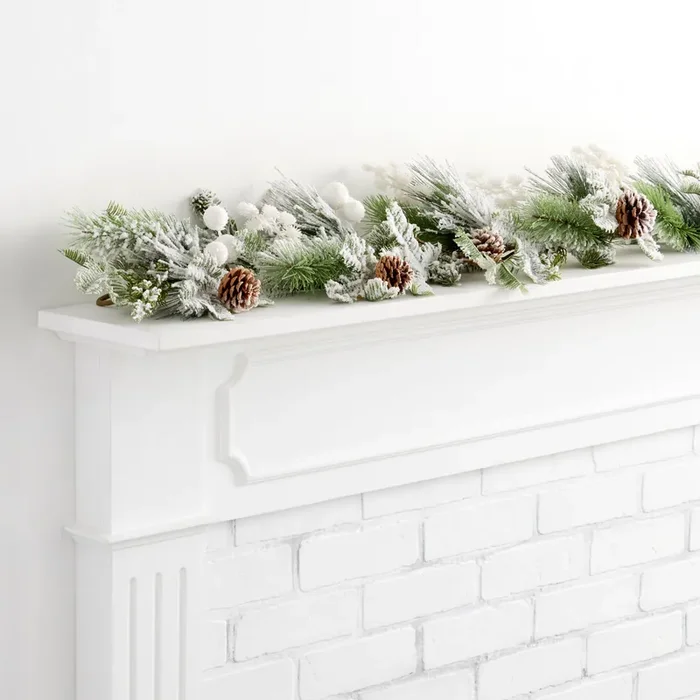 Snowy Pinecone and Faux Pine Garland with White Berries