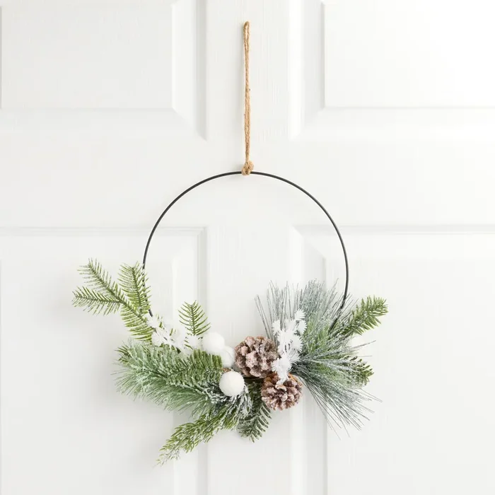 Snowy Pinecone and Faux Pine Ring Wreath with White Berries