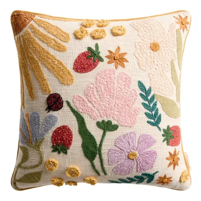 Spring Botanical Embroidered Beaded Throw Pillow
