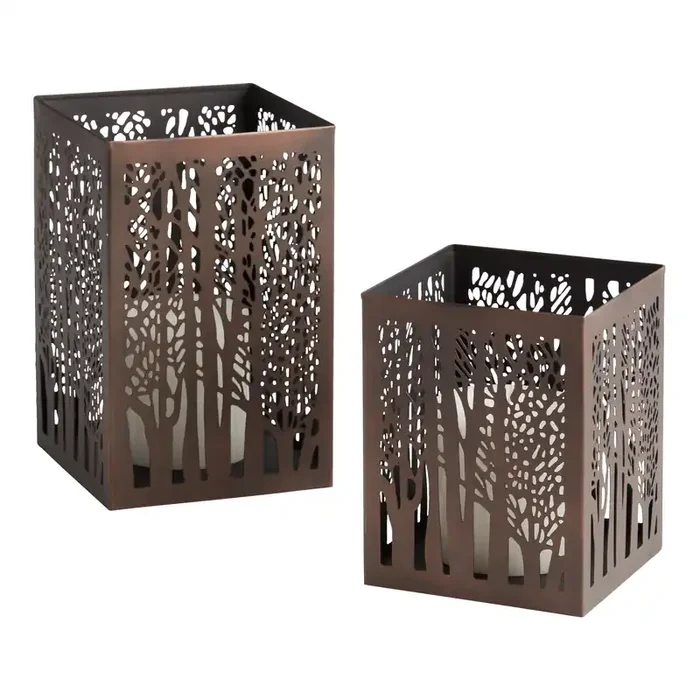Square Bronze Tree Cutout Hurricane Candle Holder