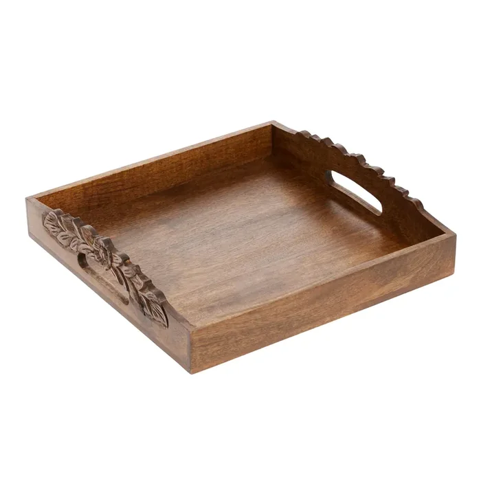 Square Mango Wood Carved Floral Serving Tray