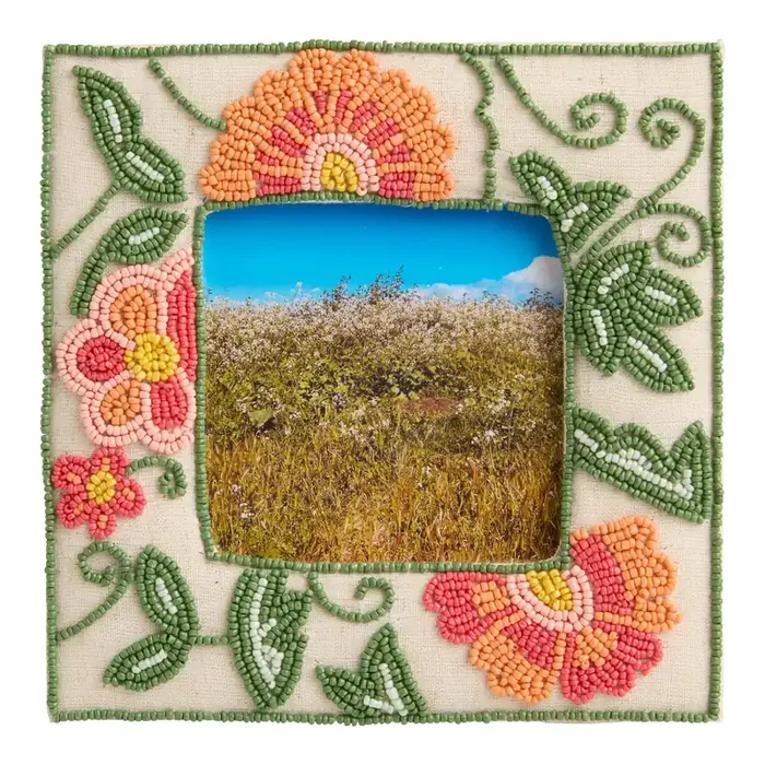 Square Orange and Green Beaded Botanical Picture Frame