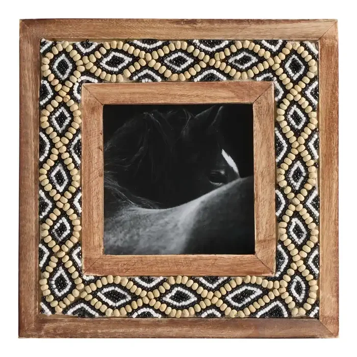 Square Wood, Black, and White Geo Beaded Picture Frame