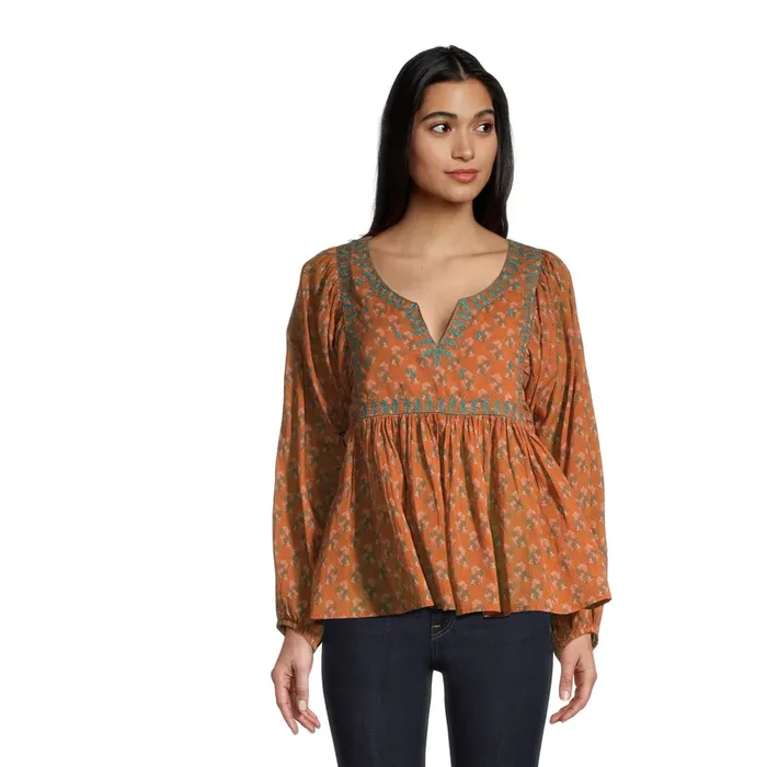 Stella Rust and Teal Embroidered Floral Top