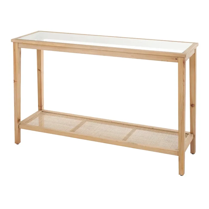 Sudra Wood and Rattan Glass Top Console Table with Shelf