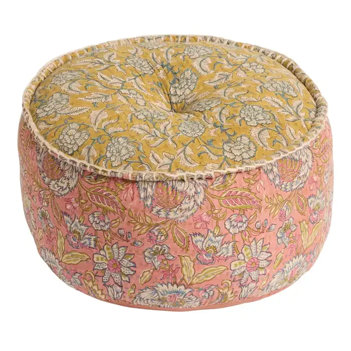Suti Warm Floral Kantha Stitch Mixed Block Print Pouf