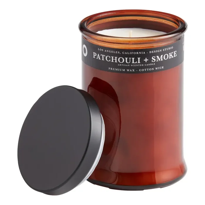 Tall Amber Glass Patchouli and Smoke Scented Candle