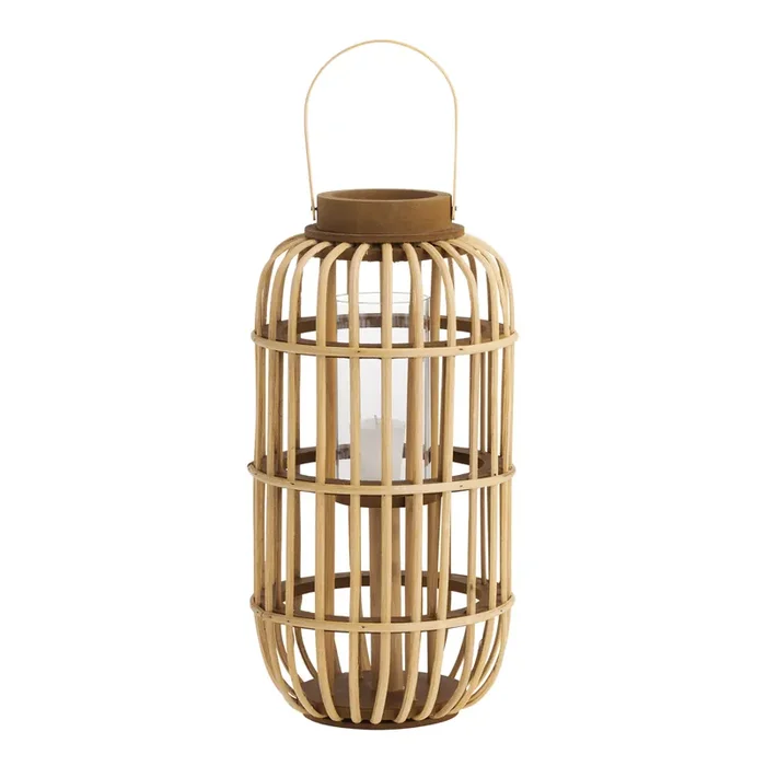 Tall Natural Wood and Rattan Candle Lantern