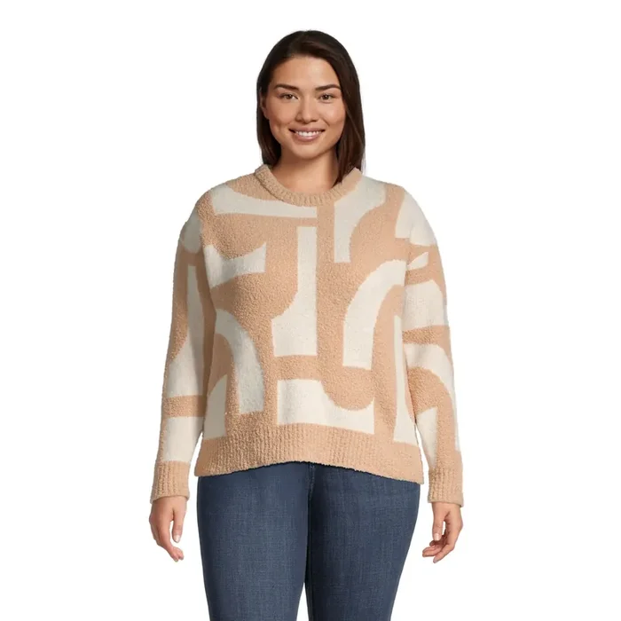Tan and White Modern Abstract Intarsia Teddy Sweater