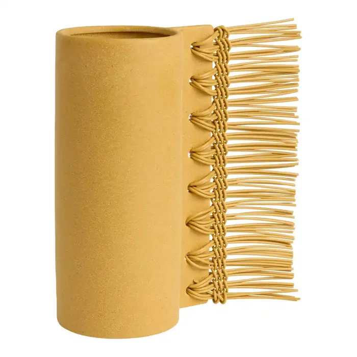 Tan Ceramic and Faux Leather Textured Fringed Vase