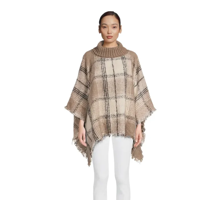 Taupe And Ivory Windowpane Turtleneck Boucle Poncho
