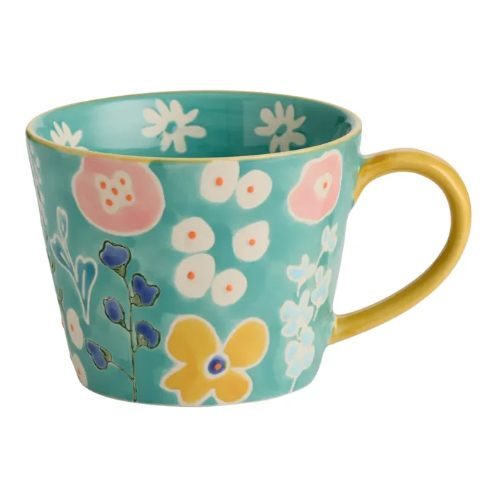 Teal and Yellow Floral Dot Hand Painted Ceramic Mug