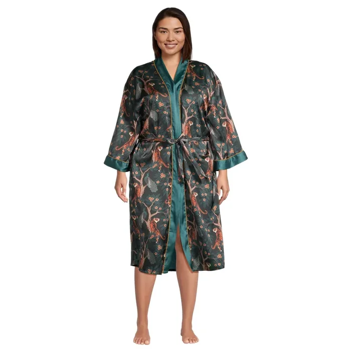 Teal Satin Tiger and Peacock Chinoiserie Robe